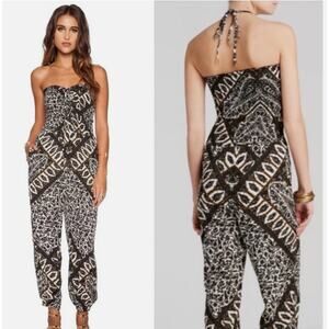 Free People Balloon Gauzy Smocked Jumpsuit Black Tribal Halter Size Large NWT